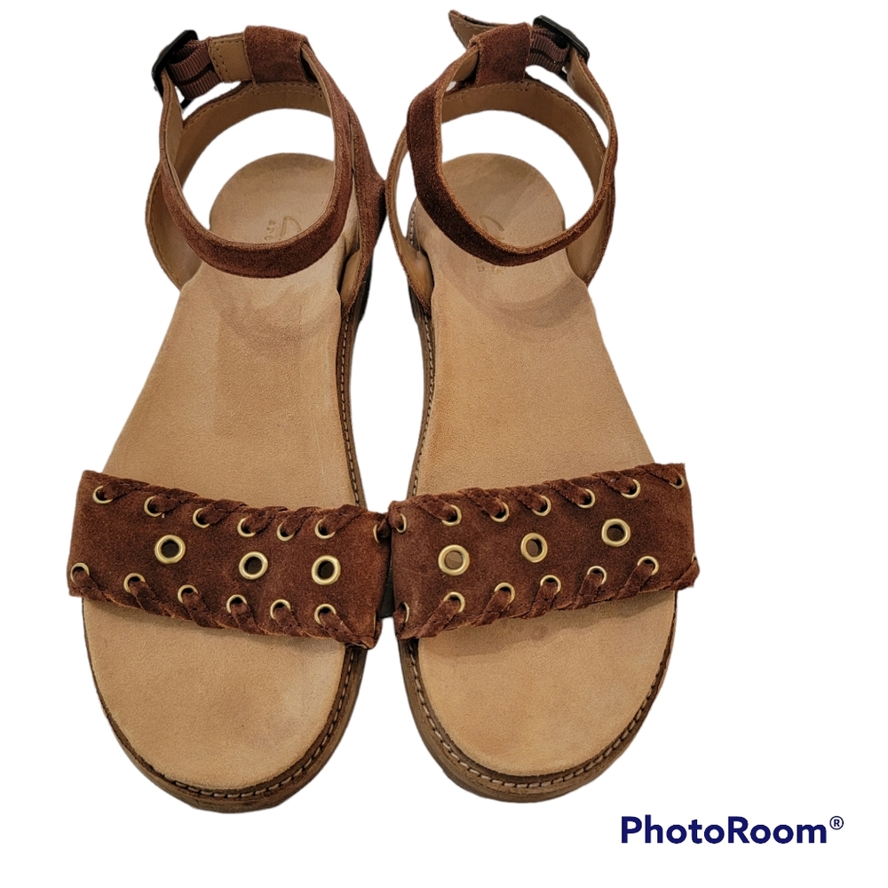 CLARKS Artisan Brown Leather Strap Flats Sandals Shoes Women's US size 9 comfort